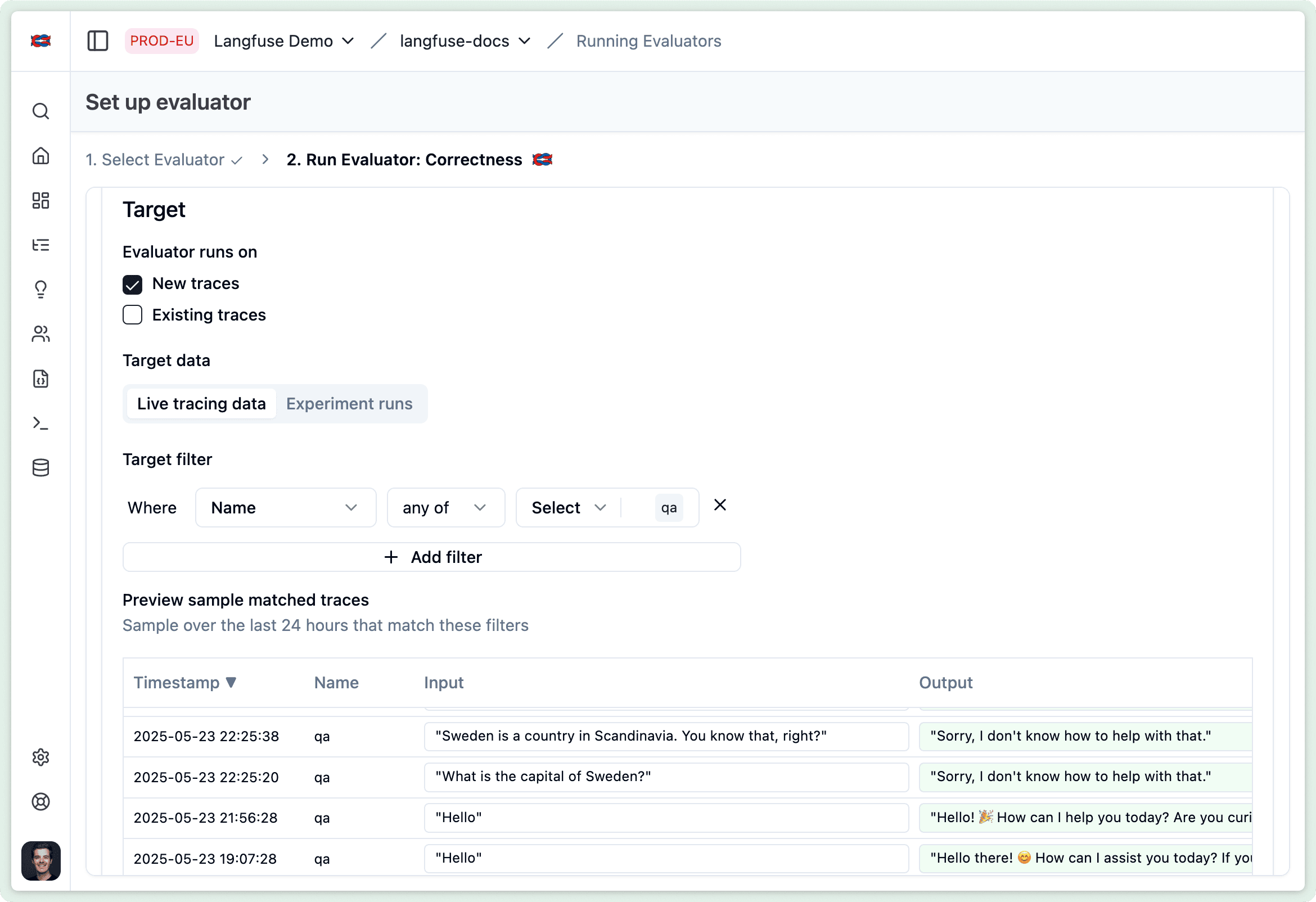 Preview of traces that match filter conditions